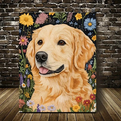 Beautiful Golden Retriever Dog Vibrant Floral Painting 40x60cm Metal Print Ready to Hang - Bella Home Decor