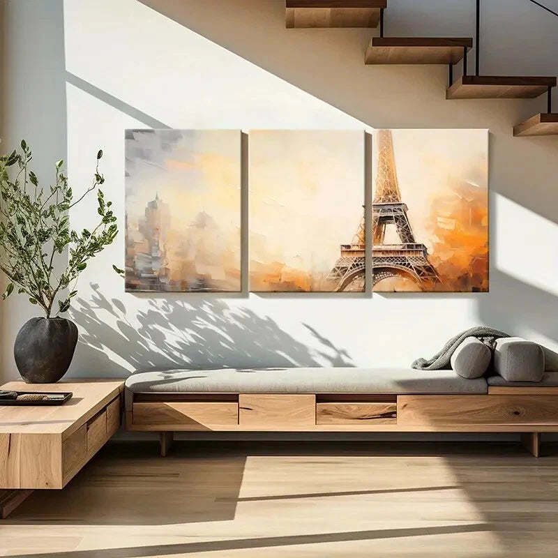 3pcs Eiffel Tower Abstract Golden Hue Cityscape Metal Print Ready to Hang Art - Bella Home Decor