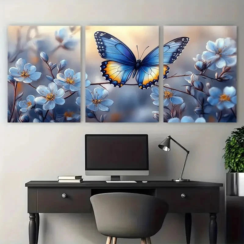 3pcs Delicate Flower Branch with Blue Butterfly Wall Art Set Canvas Framed 50x70cm - High Quality Print 100% Australian Made Wall Canvas Ready to Hang - Bella Home Decor