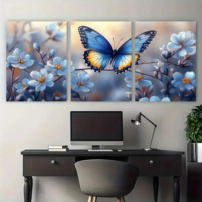 3pcs Delicate Flower Branch with Blue Butterfly Wall Art Set Canvas Framed 50x70cm - High Quality Print 100% Australian Made Wall Canvas Ready to Hang - Bella Home Decor