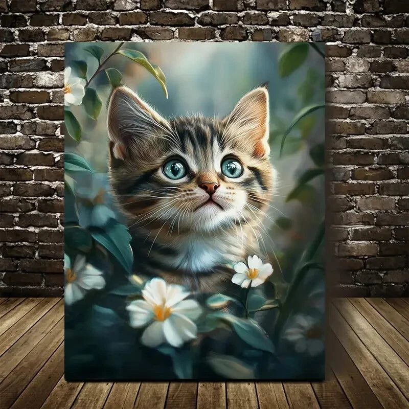 Flowers And Plants Cute Tabby Kitten Painting 40x60cm Metal Print Ready to Hang