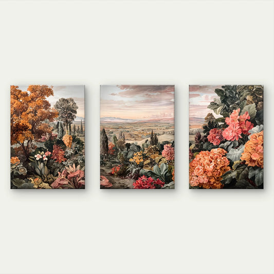 3pcs Vintage Botanical Landscape & Floral Garden Wall Art Set Canvas Framed 60x90cm - High Quality Print 100% Australian Made Wall Canvas Ready to Hang