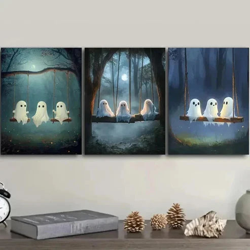 3pcs Three Cute Little Ghosts Night Perfect Wall Art Set Canvas Unframed - High Quality Print 100% Australian Made Wall Canvas