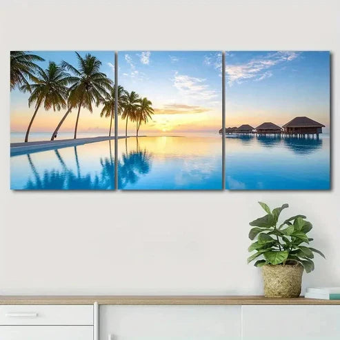 3pcs Blue Sky Island Sunset Nature Perfect Wall Art Set Canvas Unframed - High Quality Print 100% Australian Made Wall Canvas - Bella Home Decor