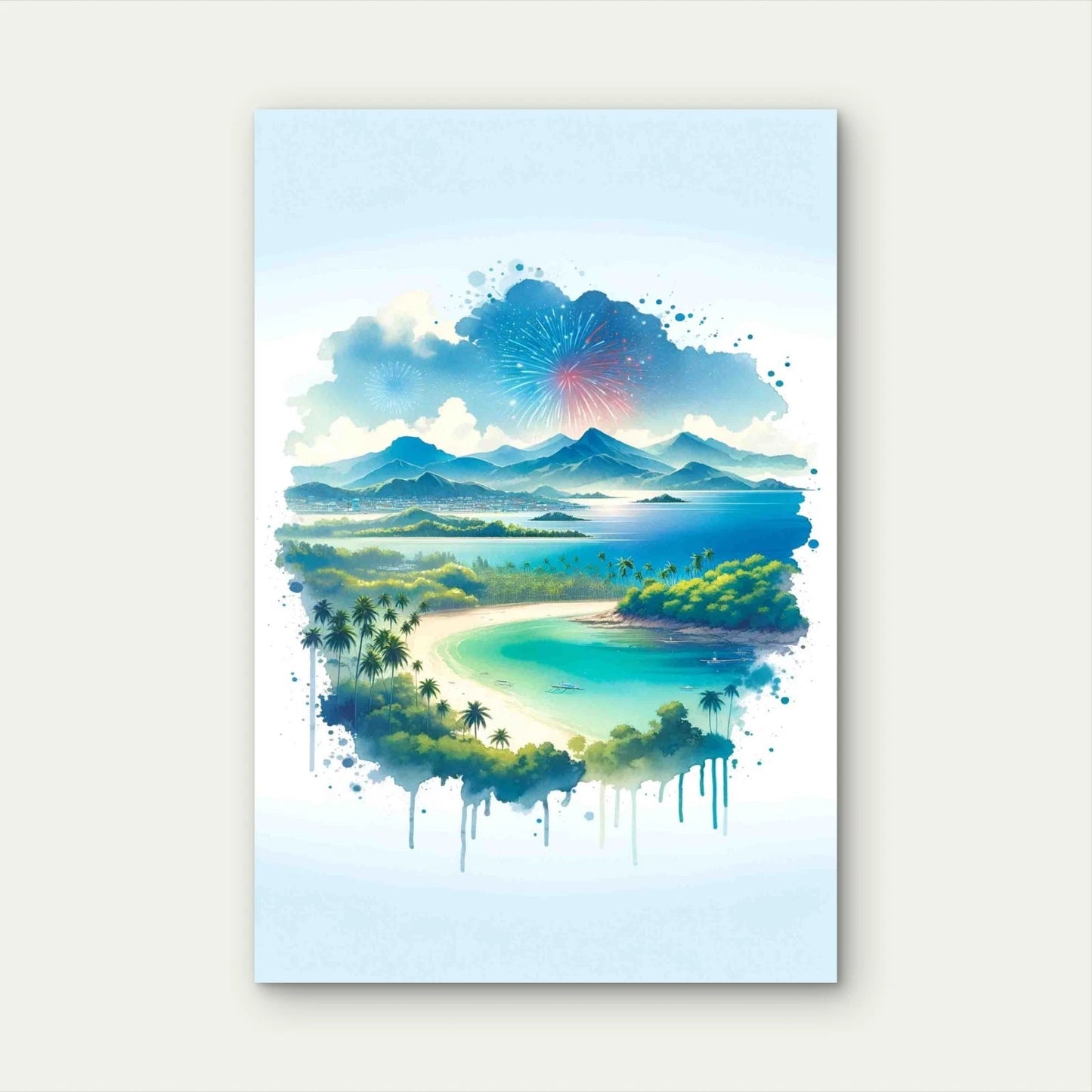 Watercolor Tropical Philippine Landscape 40x60cm Metal Print Ready to Hang