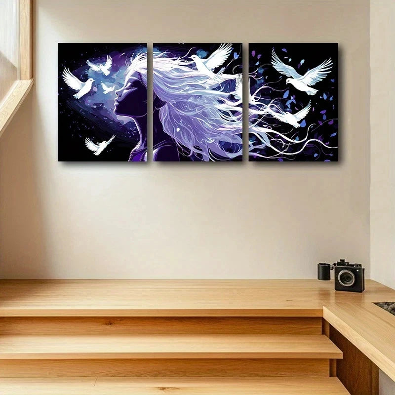 3pcs Flying Birds Purple Figure Metal Print Ready to Hang Art - Bella Home Decor