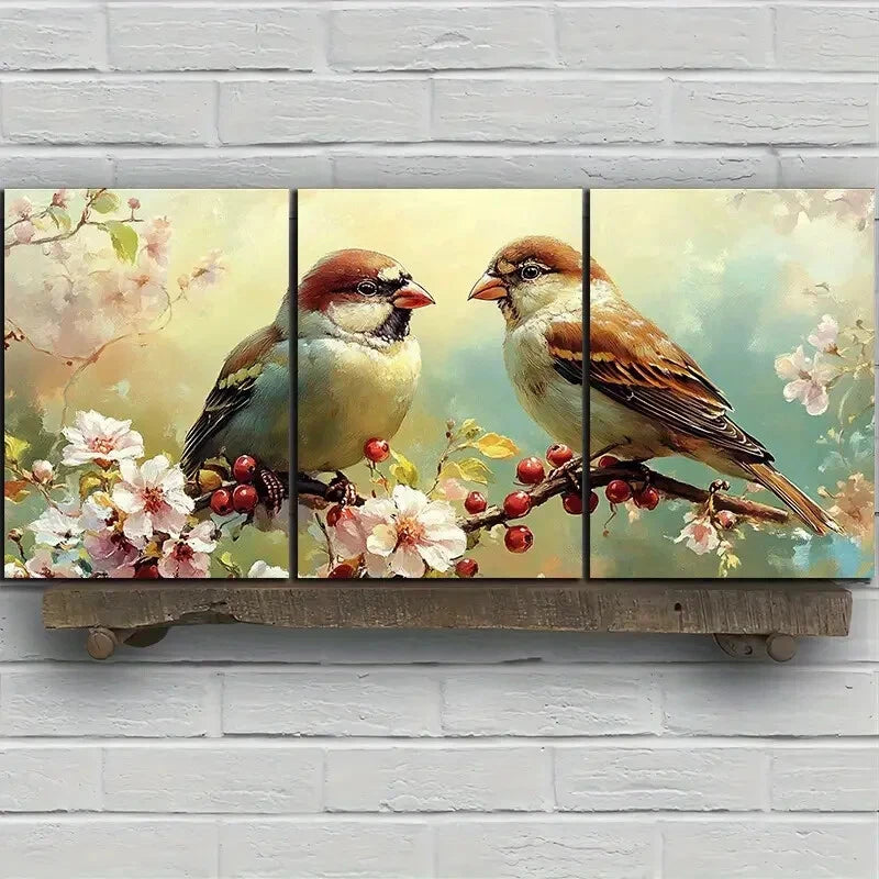 3pcs Birds on Blackberry Flowers Metal Print Ready to Hang Art - Bella Home Decor