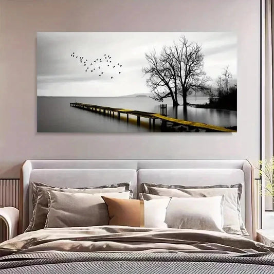 Black White Lakes Wooden Bridge Wall Art Canvas Office Home Room Framed 120x60cm