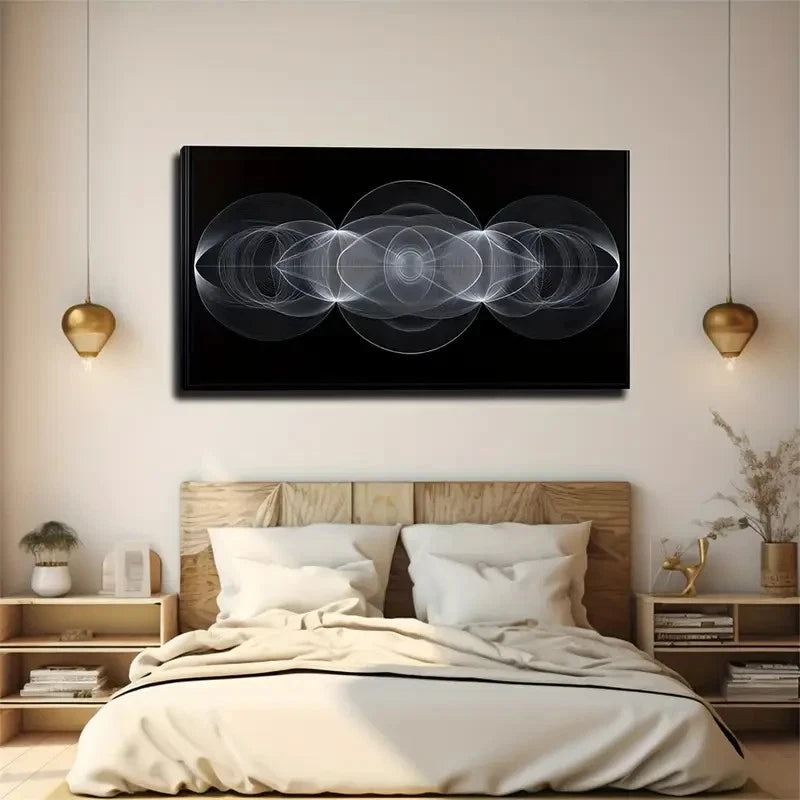 Black & White Line Circular Wall Art Canvas Office Home Room Framed 120x60cm