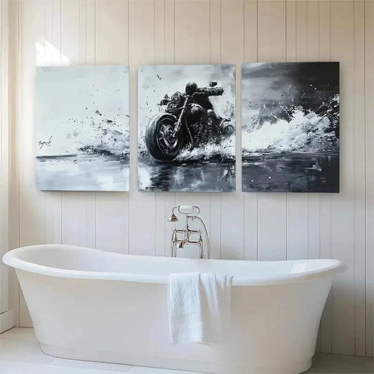 3pcs Black & White Motorcycle Dynamic Perfect Wall Art Set Canvas Framed 50x70cm - High Quality Print 100% Australian Made Wall Canvas Ready to Hang