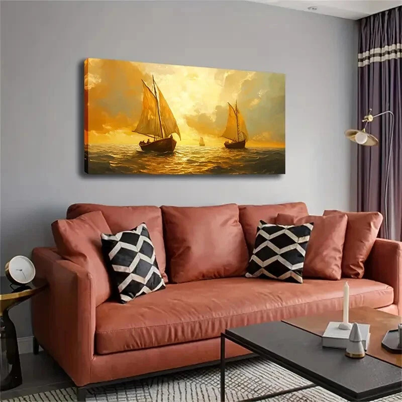 Sailboats At Sea Yellow Sunset Wall Art Canvas Office Home Room Framed 120x60cm - Bella Home Decor