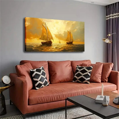 Sailboats At Sea Yellow Sunset Wall Art Canvas Office Home Room Framed 120x60cm - Bella Home Decor