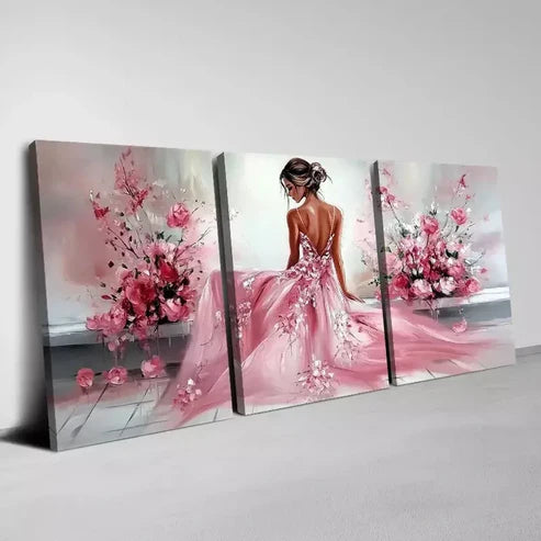 3pcs Elegant Pink Dress Woman with Pink Florals Canvas Unframed - High Quality Print 100% Australian Made Wall Canvas