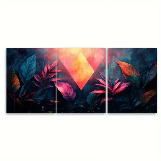 3pcs Tropical Pink Teal Leaves Exotic Jungle Metal Print Ready to Hang Art