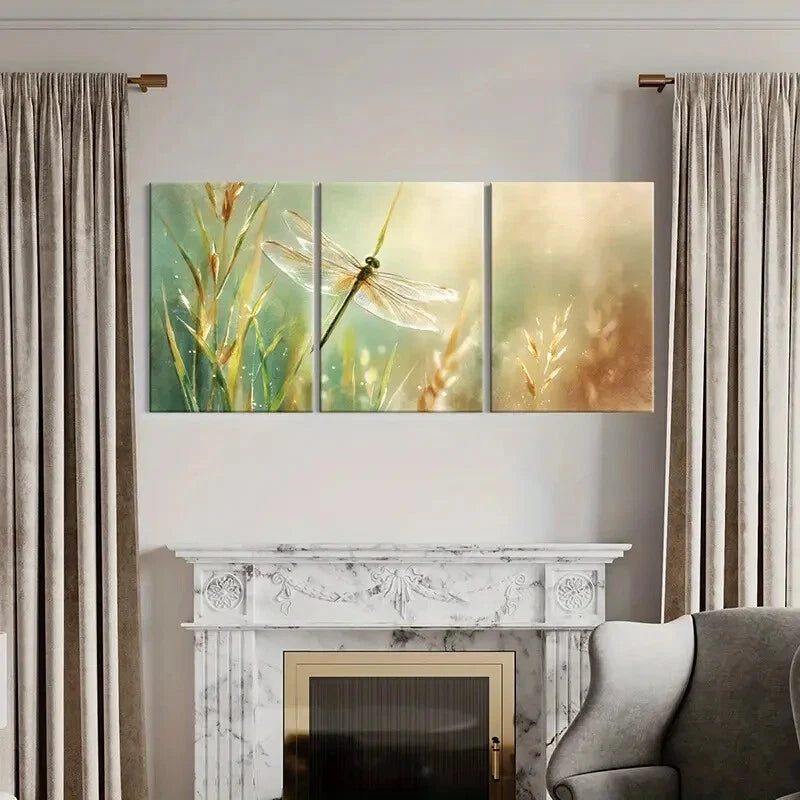 3pcs Dragonfly Delicate Wings Soft Grasses Metal Print Ready to Hang Art - Bella Home Decor