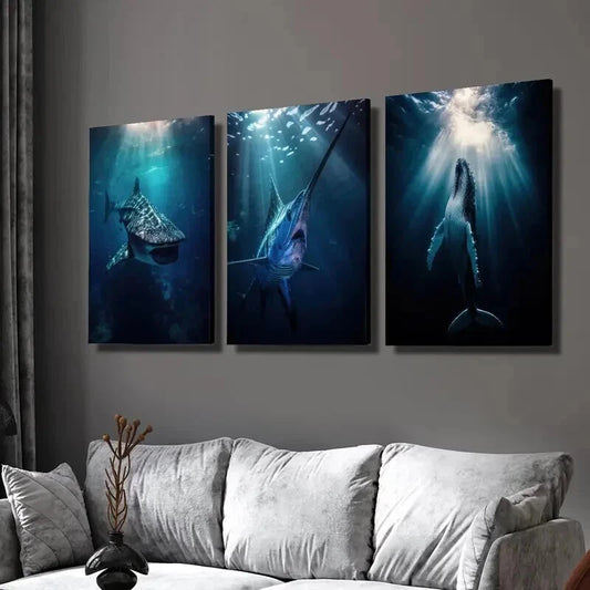 3pcs Whale Shark Swordfish Blue Whale Aquatic Wall Art Set Canvas Framed 60x90cm - High Quality Print 100% Australian Made Wall Canvas Ready to Hang