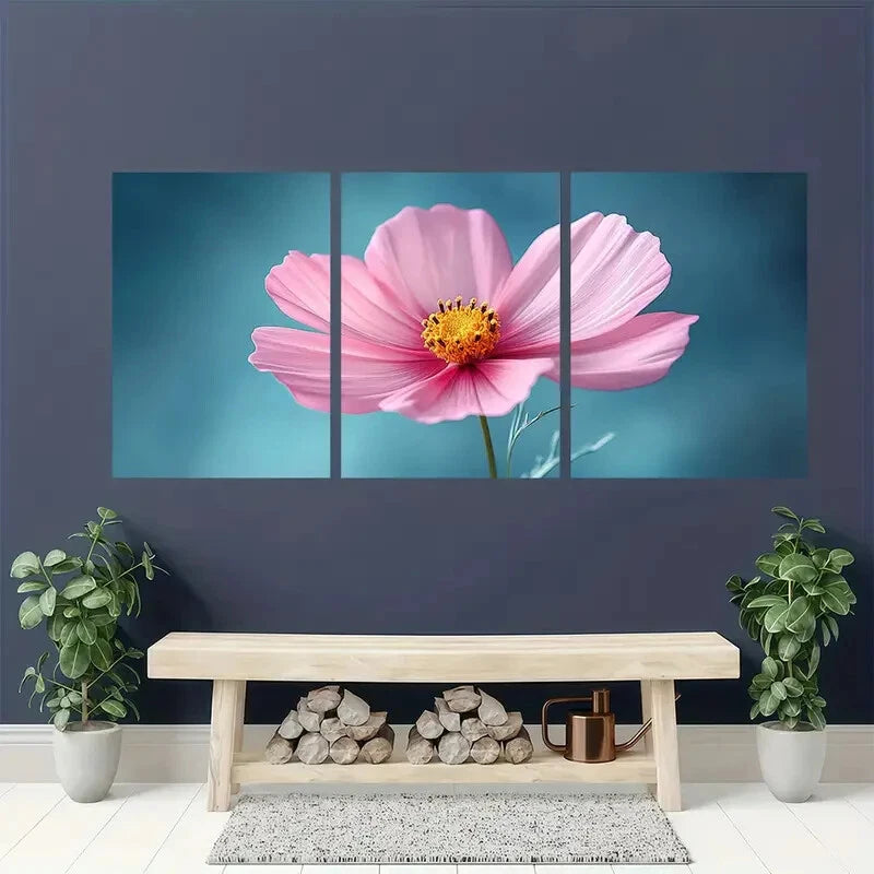 3pcs Vibrant Floral Pink Cosmo Flower Metal Print Ready to Hang Art - Bella Home Decor