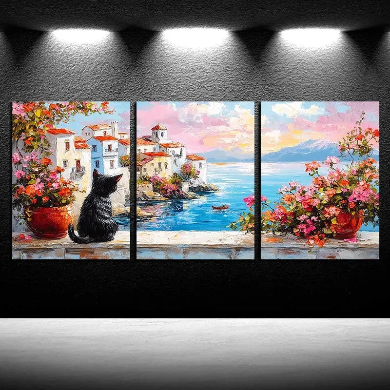 3pcs Charming Cat Watching The Scenery Design Metal Print Ready to Hang Art