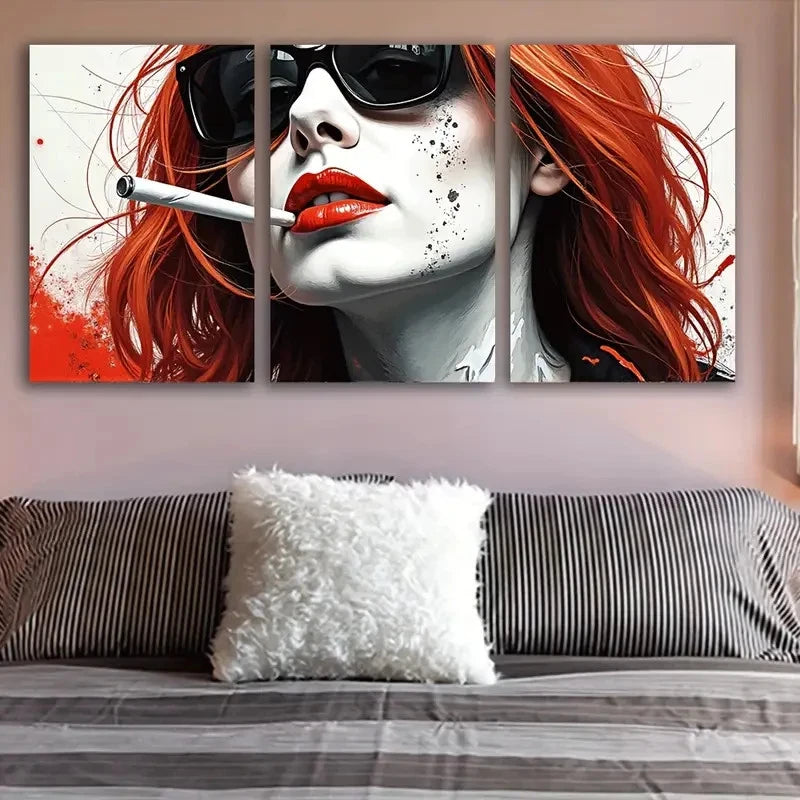 3pcs Woman With Red Hair And Glasses Wall Art Set Canvas Framed 60x90cm - High Quality Print 100% Australian Made Wall Canvas Ready to Hang