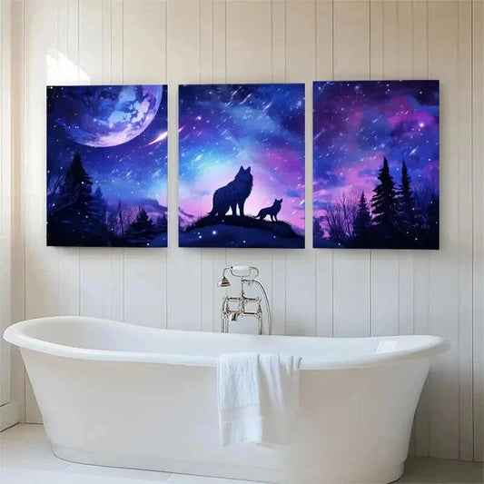 3pcs Wolf Moon Wolves Under Starry Night Perfect Wall Art Set Canvas Framed 50x70cm - High Quality Print 100% Australian Made Wall Canvas Ready to Hang