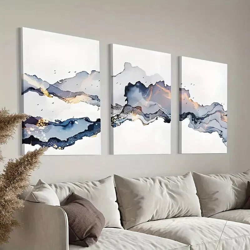 3pcs Blue Gold Smoke Wave Wall Art Canvas Unframed - High Quality Print 100% Australian Made Wall Canvas - Bella Home Decor