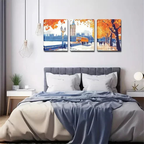 3pcs Romantic Autumn London Street Wall Art Canvas Unframed - High Quality Print 100% Australian Made Wall Canvas