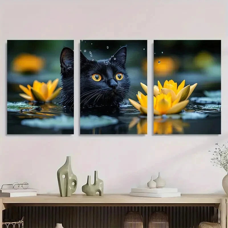 3pcs Charming Black Cat & Water Lily Metal Print Ready to Hang Art - Bella Home Decor