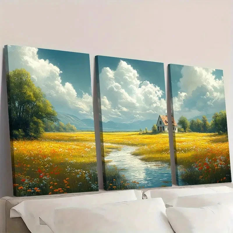 3pcs Antique Country Painting with Serene  TU  Wall Art Set Canvas Framed 50x70cm - High Quality Print 100% Australian Made Wall Canvas Ready to Hang - Bella Home Decor