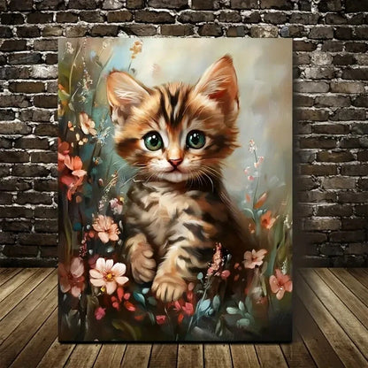 Beautiful Cute Bengal Kitten with Flowers Painting 40x60cm Metal Print Ready to Hang - Bella Home Decor