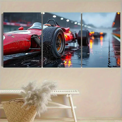3pcs Red Sports Car on Rainy Track Wall Art Set Canvas Framed 40x60cm - High Quality Print 100% Australian Made Wall Canvas Ready to Hang - Bella Home Decor