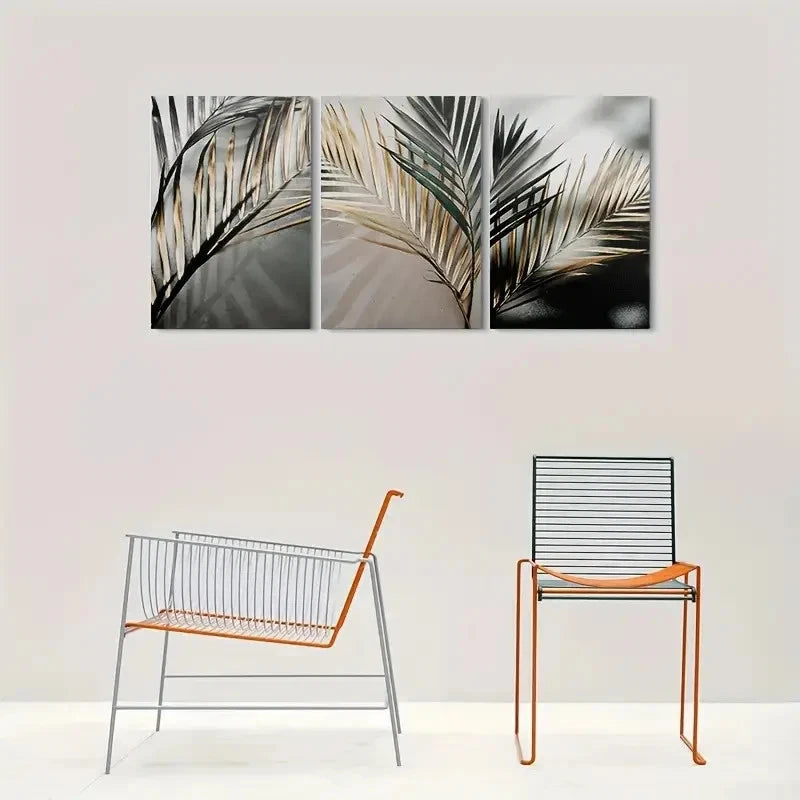 3pcs Black & Golden Green White Palm Leaf Wall Art Set Canvas Framed 40x60cm - High Quality Print 100% Australian Made Wall Canvas Ready to Hang - Bella Home Decor