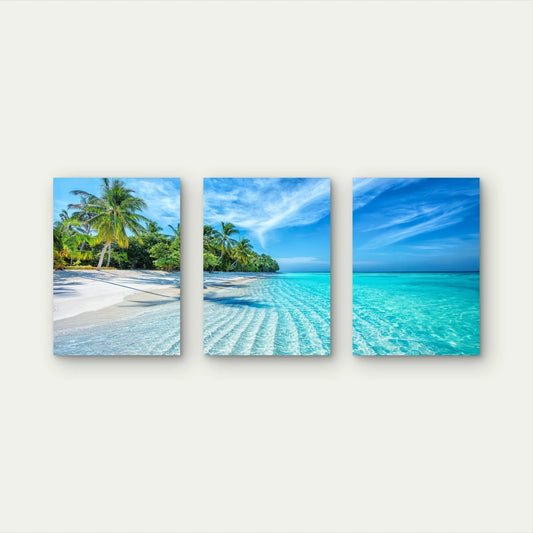 3pcs Tropical Beach with Palm Trees Wall Art Set Canvas Framed 50x70cm - High Quality Print 100% Australian Made Wall Canvas Ready to Hang - Bella Home Decor