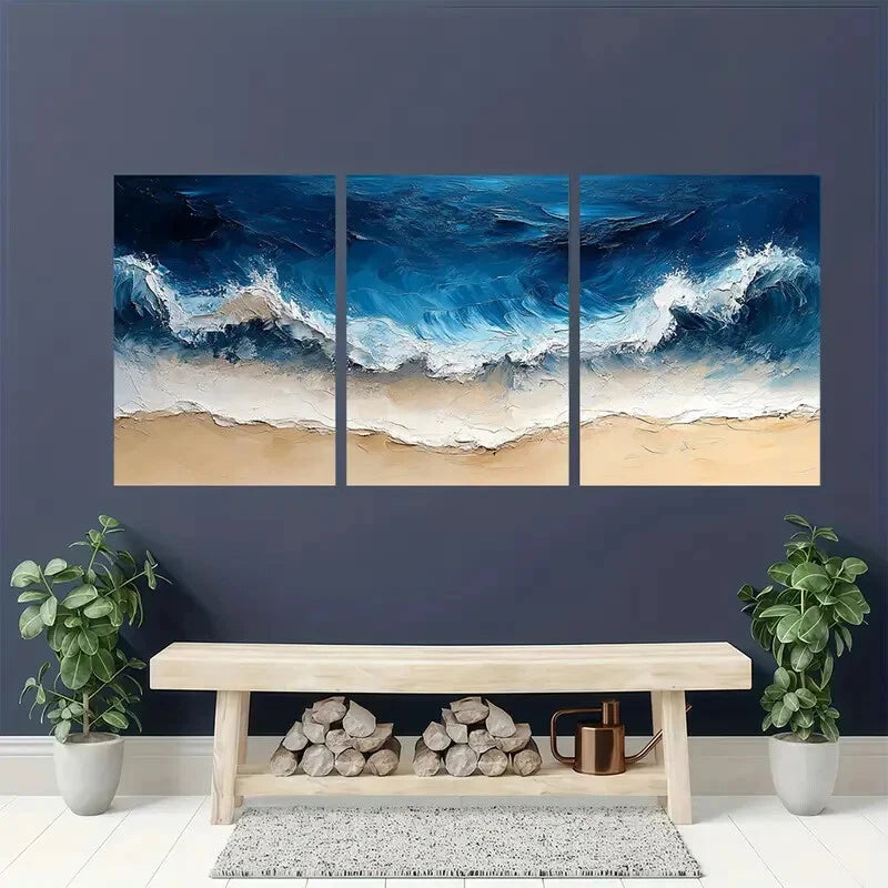 3pcs Abstract Blue Ocean Wave Beach Oil Painting Metal Print Ready to Hang Art - Bella Home Decor