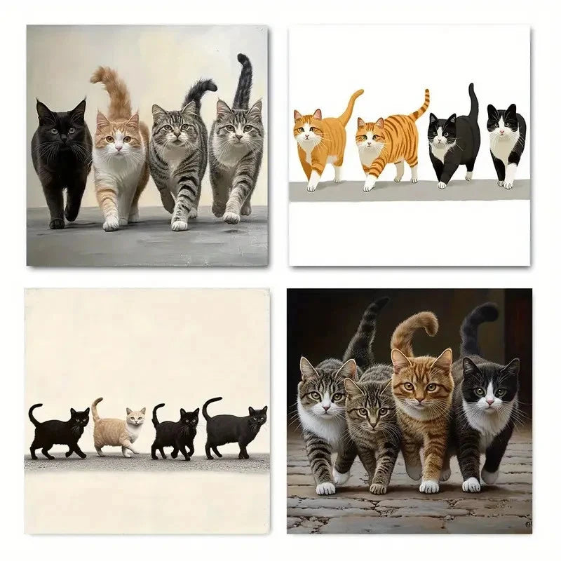 4pcs Four Cats Are Walking Down Wall Art Canvas Framed
