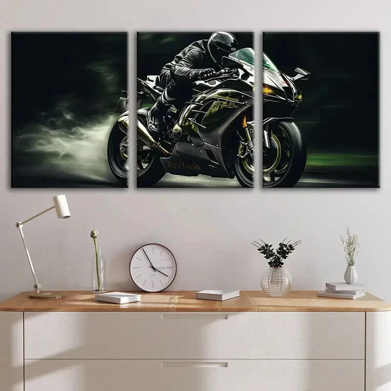 3pcs Dynamic Rider & Grceen Motorcycle Perfect Wall Art Set Canvas Framed 40x60cm - High Quality Print 100% Australian Made Wall Canvas Ready to Hang - Bella Home Decor