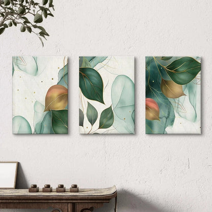 3pcs Abstract Botanical Green and Gold Leaves Wall Art Set Canvas Framed 40x60cm - High Quality Print 100% Australian Made Wall Canvas Ready to Hang