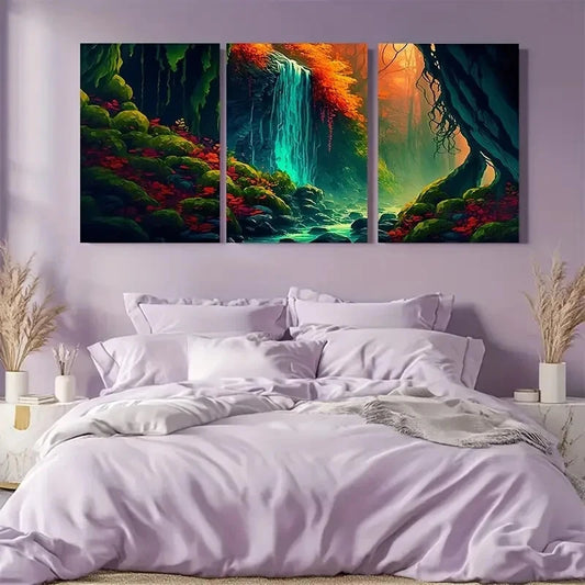 3pcs Vibrant Magical Nature Waterfall Scene Metal Print Ready to Hang Art