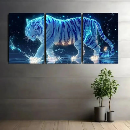3pcs Glowing White Tiger Hyper-Realistic Metal Print Ready to Hang Art - Bella Home Decor