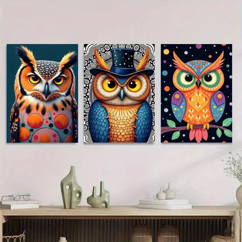 3pcs Colorful Owl Vibrant Modern Dark Blue Wall Art Canvas Unframed - High Quality Print 100% Australian Made Wall Canvas - Bella Home Decor