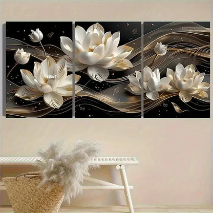 3pcs Elegant White for Lotus Flowers Wall Art Set Canvas Unframed - High Quality Print 100% Australian Made Wall Canvas - Bella Home Decor