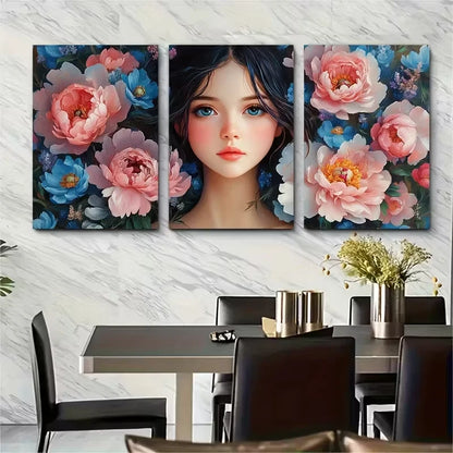 3pcs Woman with Peony Flowers Metal Print Ready to Hang Art