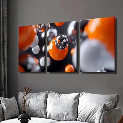 3pcs Orange White Black Balls Reflective  Wall Art Set Canvas Unframed - High Quality Print 100% Australian Made Wall Canvas