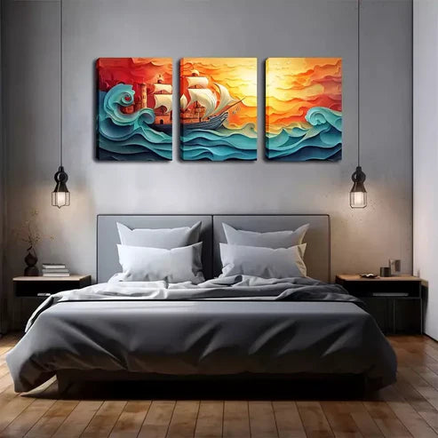 3pcs Decorations, Waves And Sailboats Wall Art Canvas Unframed - High Quality Print 100% Australian Made Wall Canvas - Bella Home Decor