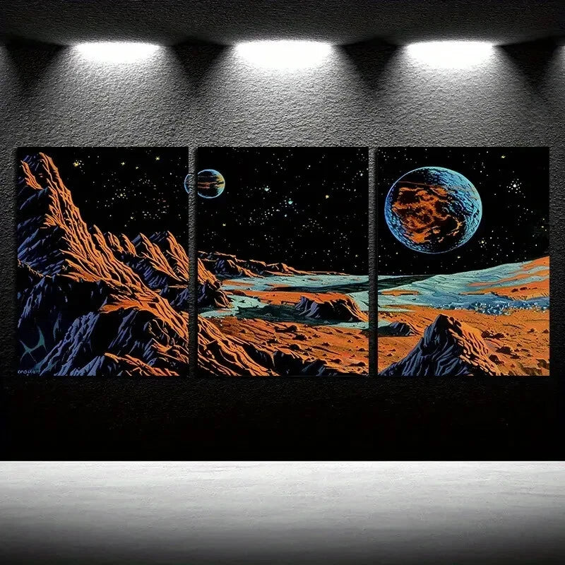 3pcs Cosmic Mountains and Planets Design Metal Print Ready to Hang Art - Bella Home Decor