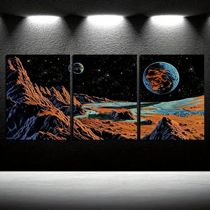 3pcs Cosmic Mountains and Planets Design Metal Print Ready to Hang Art - Bella Home Decor