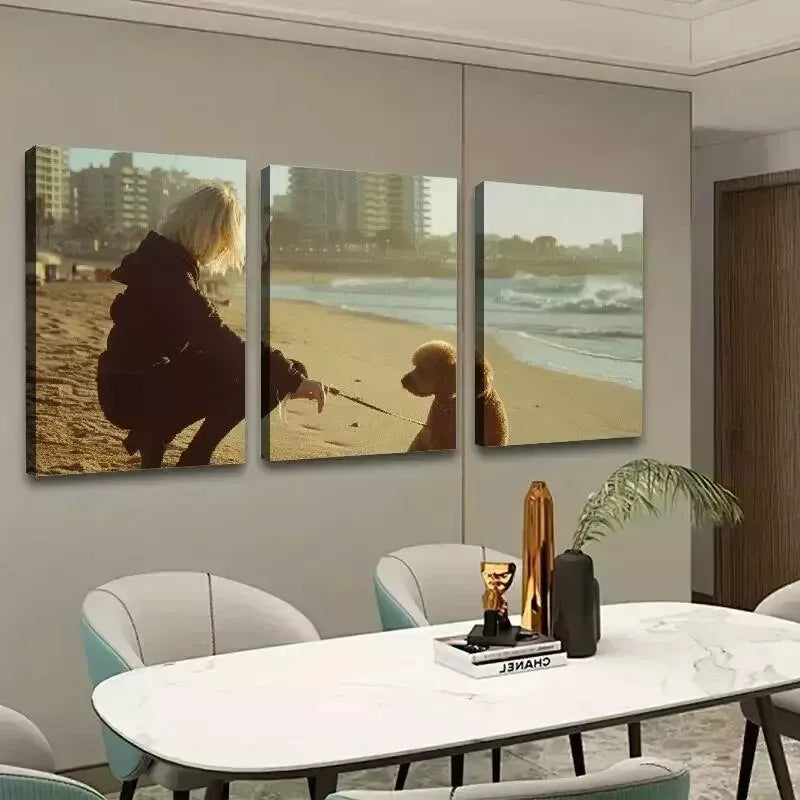 3pcs Woman With Dog In Sea & City View Wall Art Set Canvas Framed 50x70cm - High Quality Print 100% Australian Made Wall Canvas Ready to Hang