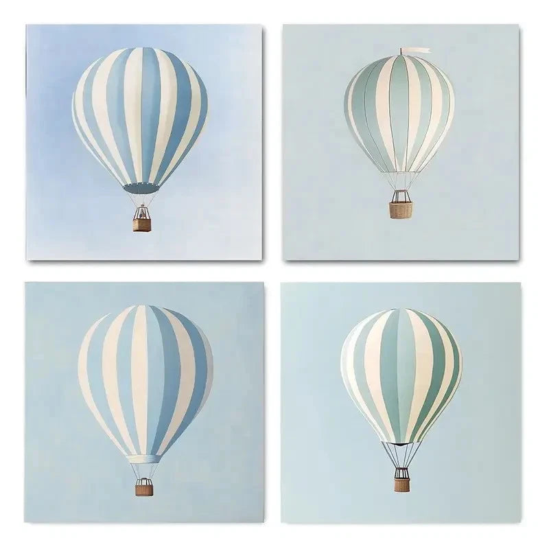 4pcs Blue Hot Air Balloon Theme Wall Art Canvas Framed
