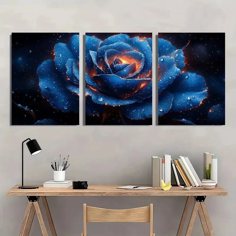 3pcs Blue Rose Fantasy Sparkling Floral Metal Print Ready to Hang Art - Bella Home Decor