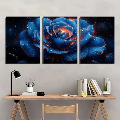 3pcs Blue Rose Fantasy Sparkling Floral Metal Print Ready to Hang Art - Bella Home Decor