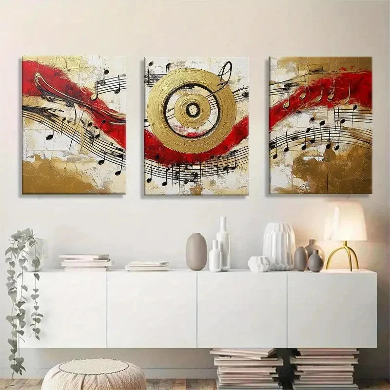 3pcs Modern Abstract Music Red & Golden Swirl Metal Print Ready to Hang Art - Bella Home Decor